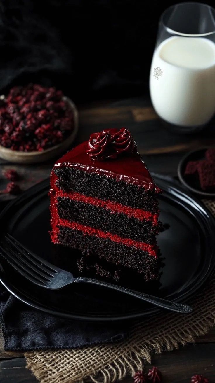 Gothic-themed cake on a dark plate