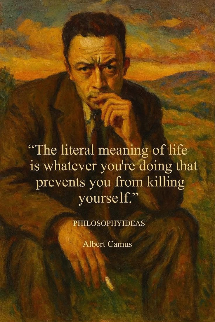 Albert Camus in a thoughtful pose with a quote