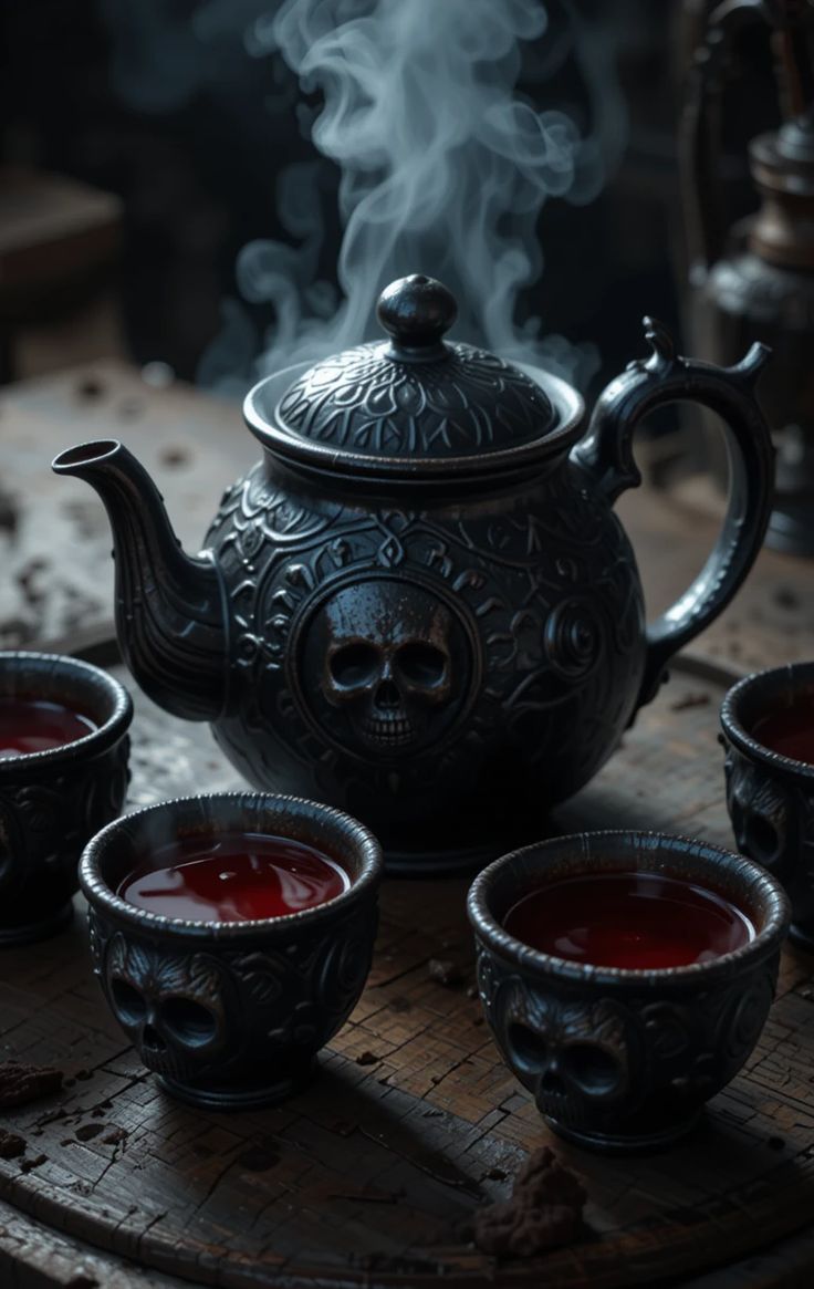 Teapot with red tea in gothic cups